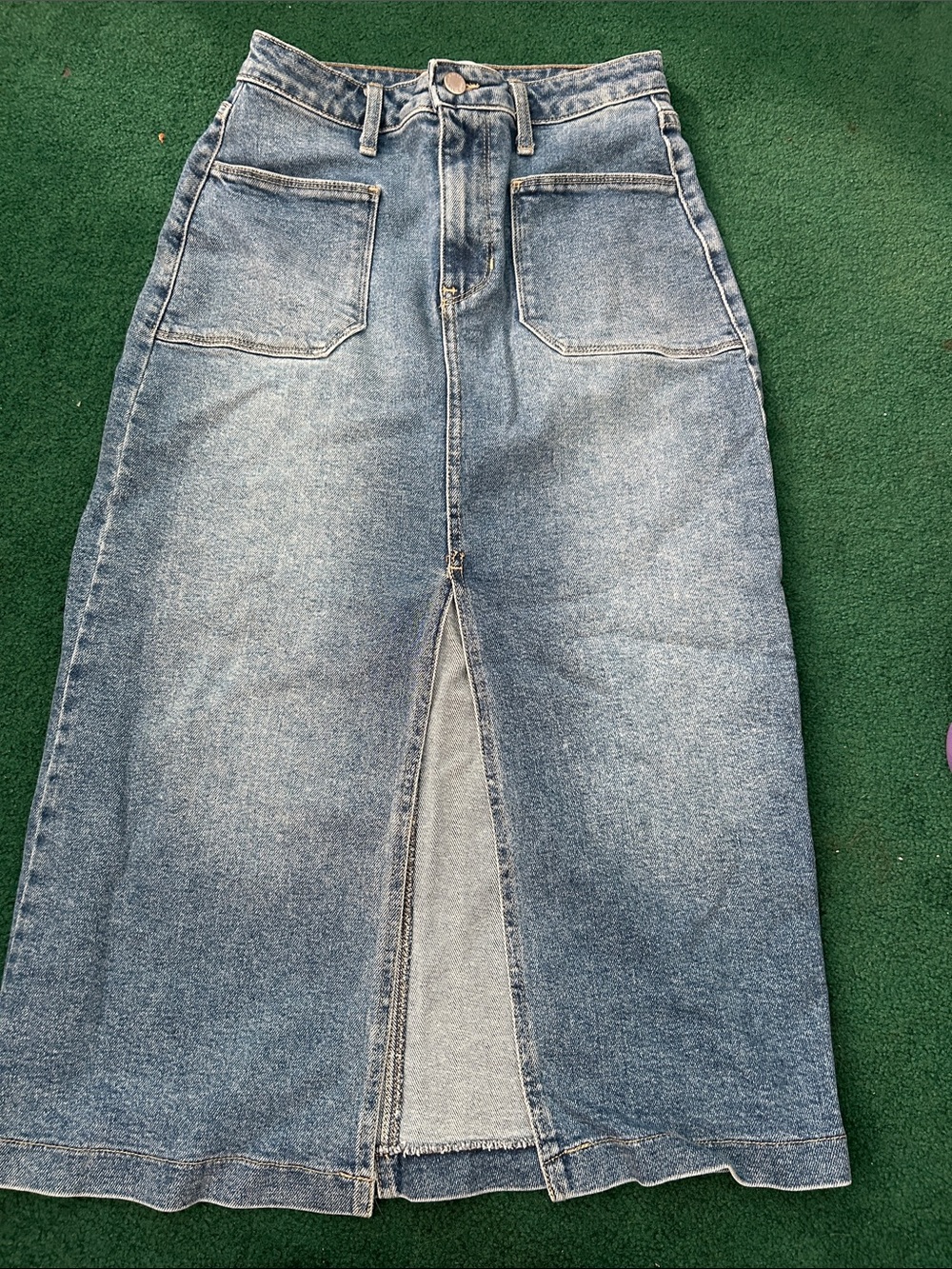 Just Black Light Blue High-Waist Denim Midi Skirt with Front Slit